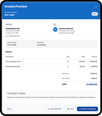 CleanBooks invoicing dashboard